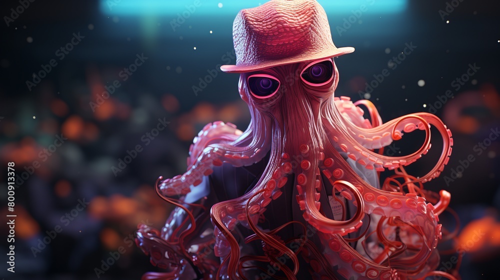 An octopus wearing a top hat conducts an orchestra of bioluminescent ...