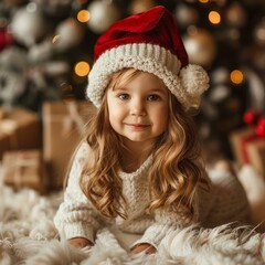 Poster - Little girl in Santa hat near Christmas tree