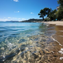 Wall Mural - Sandy beach and blue sea with green tree