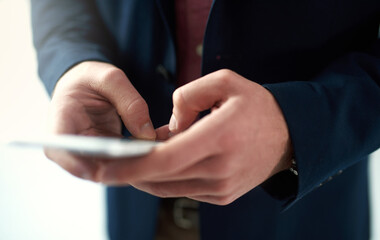 Leinwandbilder - Businessman, hands and mobile phone in workplace for communication, networking and email. Technology, contact and social media online for research, marketing and corporate male person in office