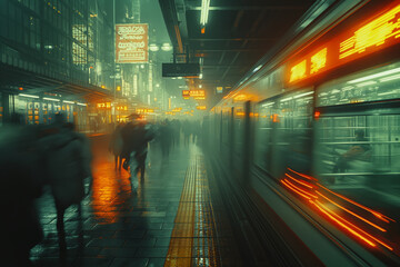 Wall Mural - Busy urban train station in the evening, vibrant city lights