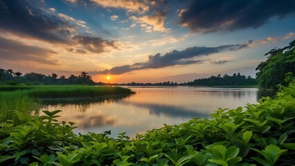 Wall Mural - A sunset over a lake, with trees and plants in the foreground.