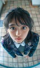 Sticker - A young Japanese school girl looking up at the camera with a surprised expression on her face