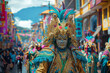 Colorful carnival costume parade on vibrant town street