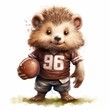 A cartoon illustration of a happy porcupine wearing a football jersey and holding a football
