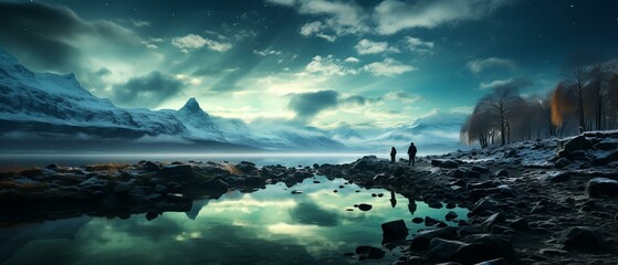 Canvas Print - Two People Standing on Rocky Shore of Lake with Mountains in Background