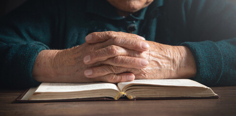 Wall Mural - Caucasian elderly woman hands with bible.