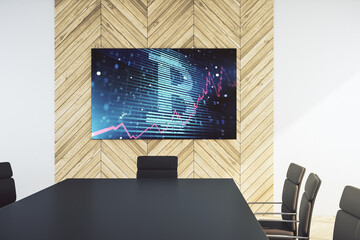 Poster - Creative Bitcoin symbol hologram on presentation monitor in a modern boardroom. Mining and blockchain concept. 3D Rendering