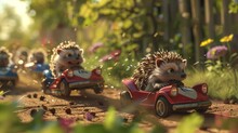 A Group Of Hedgehogs Racing In Remote-controlled Cars Through A Garden, Cheering Each Other On.