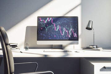 Poster - Modern computer monitor with creative abstract global crisis chart with world map hologram. Financial crisis and recession concept. 3D Rendering