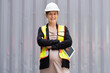 Portrait Happy caucasian logistic engineer pregnant woman working at container site	