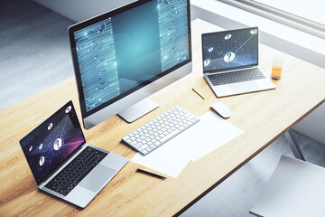 Aufkleber - Creative abstract micro circuit sketch on modern laptop monitor, future technology and AI concept. 3D Rendering