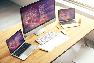 Poster - Creative code skull hologram on modern computer monitor, cybercrime and hacking concept. 3D Rendering