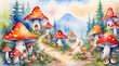 Fantasy world of beautiful mushroom house valley, watercolor painting style, generative AI.