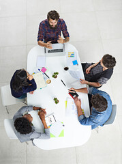 Poster - Employees, people and office with laptop for teamwork, collaboration and employee training with mentor. Above, support and learning as graphic designer for career growth, progress and internship