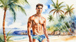 Athlete handsome man in swimwear on the beach, watercolor painting style, generative AI.