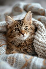 Wall Mural - A cute kitten with soft fur and beautiful eyes rests on a blanket, exuding warmth and charm.