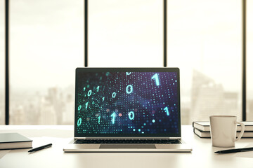 Aufkleber - Creative abstract binary code sketch on modern laptop monitor, hacking and matrix concept. 3D Rendering