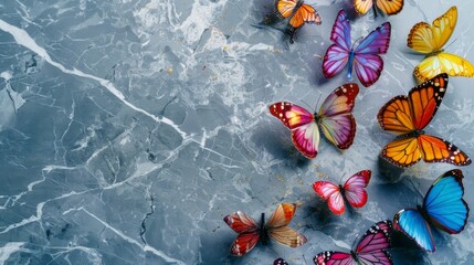 Wall Mural - Colorful butterflies on a marble background with copy space for text