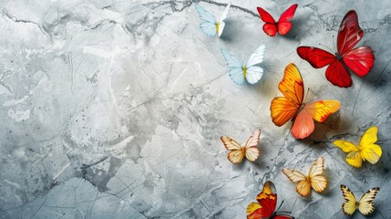 Wall Mural - Colorful butterflies on a marble background with copy space for text