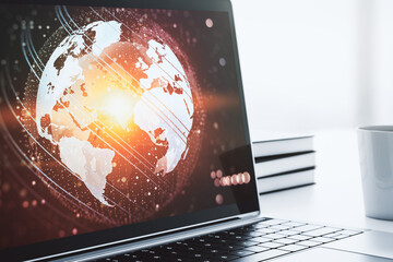 Poster - Computer monitor with abstract creative digital world map, globalization concept. 3D Rendering