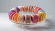 Vibrant array of colorful macarons arranged in a perfect circle, pastel shades, on a delicate glass stand, isolated background, studio lighting