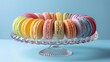 Vibrant array of colorful macarons arranged in a perfect circle, pastel shades, on a delicate glass stand, isolated background, studio lighting