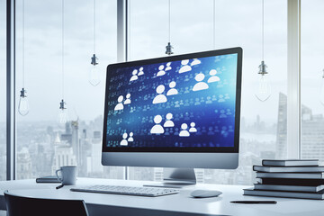 Poster - Modern computer monitor with social network icons concept. Marketing and promotion concept. 3D Rendering