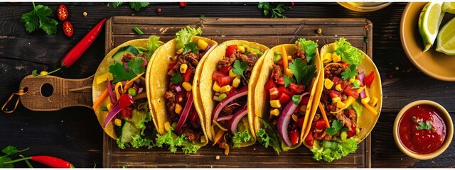 Mexican tacos on a wooden plate, Generative AI,