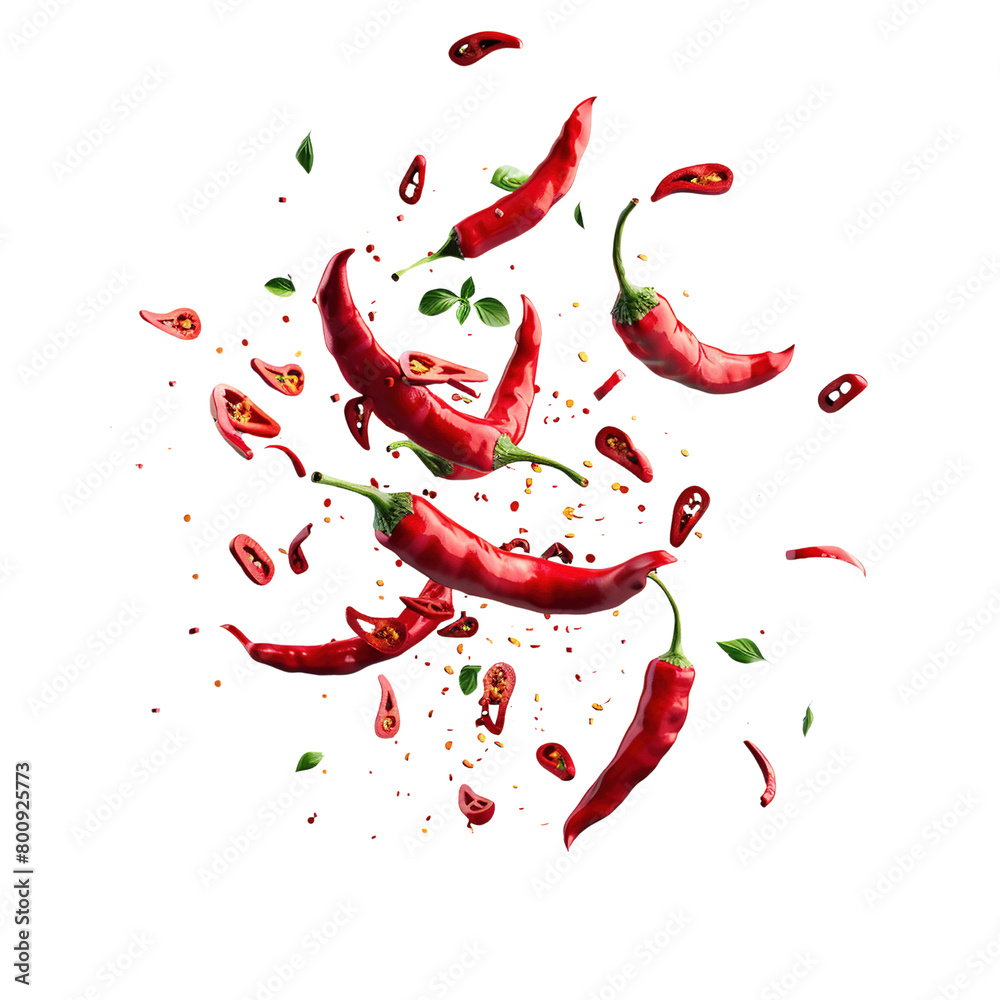 Falling hot chilies, pieces of chili floating on a transparent ...