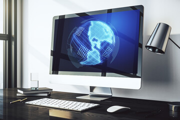 Poster - Modern computer monitor with America map, research and strategy concept. 3D Rendering