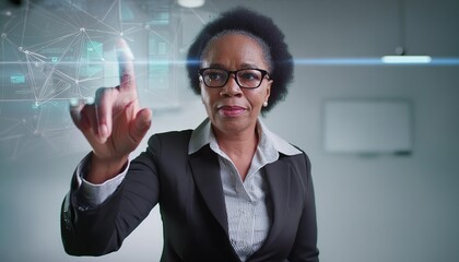 Wall Mural -  Businesswoman interacting with complex virtual interface 