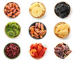 Set of different dried fruits on white background, top view