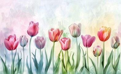 Wall Mural - watercolor painting of tulips on a cream background