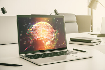 Poster - Modern computer monitor with creative artificial Intelligence symbol. Neural networks and machine learning concept. 3D Rendering