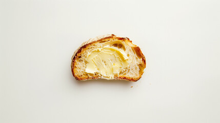 Wall Mural - Savor buttered bread on white. Butter's creaminess with bread's charm evoke comfort. Perfect for food lovers, recipe enthusiasts. Spread butter.