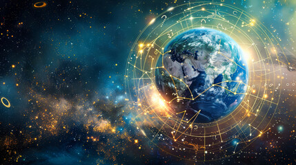 planet earth encircled by zodiac signs and astrology symbols