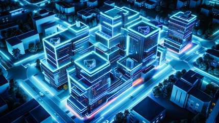 Poster - Aerial view of an apartment complex with blue neon lights