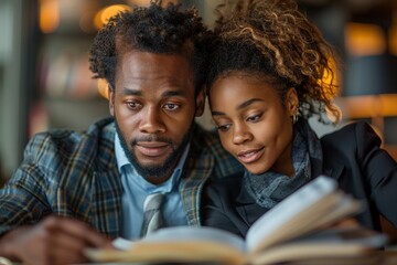 Poster - Adult students studying together in a college library surrounded by books.