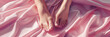 A close-up of gentle female hands laying on a luxurious pink satin fabric, highlighted by subtle light