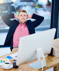 Poster - Businessman, portrait and relax in office with hands behind his head for project, success or achievement. Male professional, calm and smile in workplace for productivity, deal or company growth