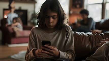 Wall Mural - Teenager Disengaged from Family Gathering Seeking Solace in Mobile Device