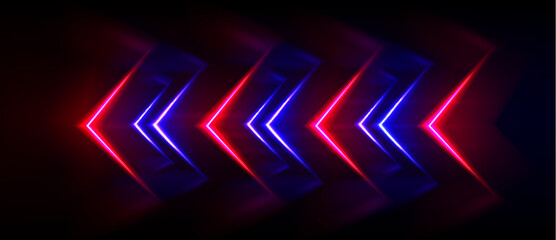 Poster - Abstract blue and red neon light arrow background. Digital tech line glow design with geometric shape speed motion sign. Dark electric banner to boost power or direction shine for cyber casino gamer.