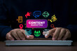 Content marketing concept. Content creator using computer for Containing seo, content, website, e-commerce, social media, AI, sales and online advertising, ads.