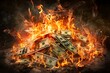 a powerful and evocative image of a large pile of US dollar bills engulfed in intense flames