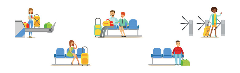 Sticker - Different People Character in Airport Terminal Vector Set