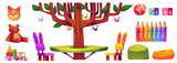 Fototapeta Panele - Nursery school furniture set isolated on white background. Vector cartoon illustration of kindergarten toys, wooden table and chairs, decorative paper origami figures, teddy bear, preschool education