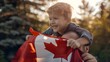 Excited child sitting with canada flag on shoulders of father reunited with family- generative AI, fiction Person.Excited Child Reunited with Family Canadian Flag Moment