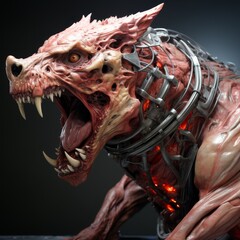 3d illustration of undead Zombie dog with clipping path. Dangerous revived animal with creepy expression on dark background.