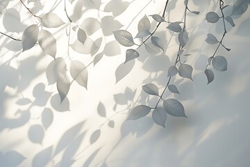 the delicate play of light and shadow on a white wall. Include the silhouettes of leaves and branches